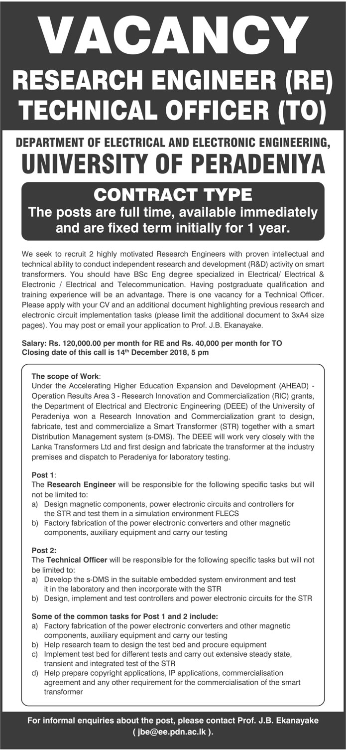 Research Engineer, Technical Officer - University of Peradeniya